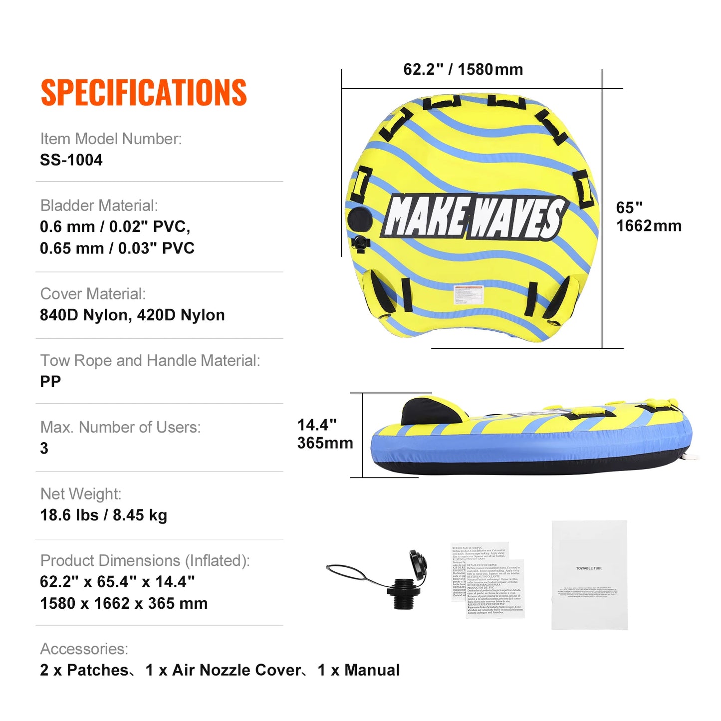 SucceBuy Towable Tube for Boating 1-3 Riders with Bumper Fins