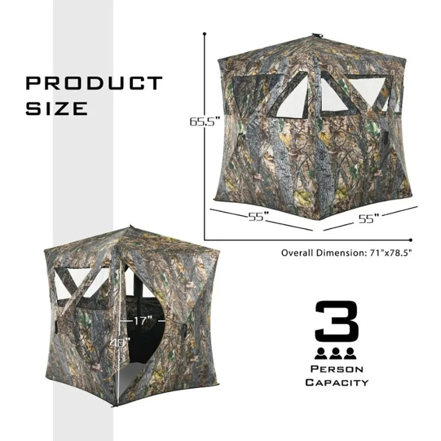 Three Person Portable Pop Up Ground Hunting Blind With Tiedowns